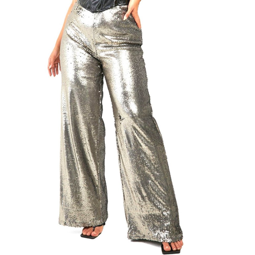Glam Clubwear Holiday Party Wide Leg Sequin Pants